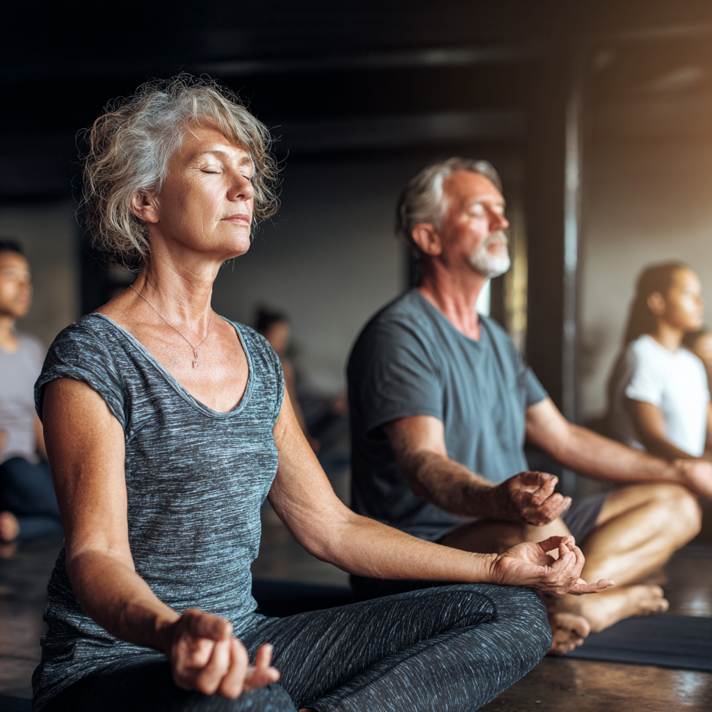 Mature adults practicing meditation and yoga poses in peaceful studio environment