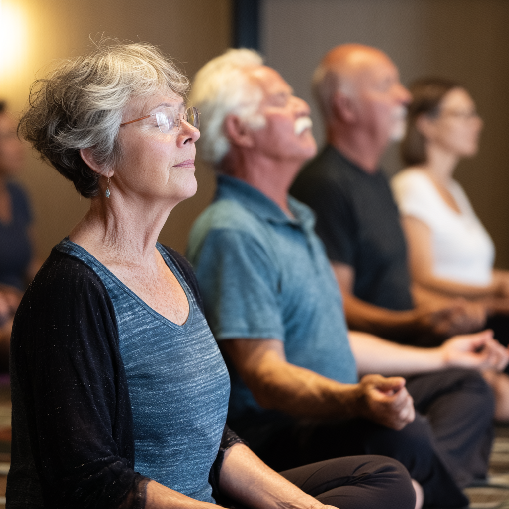 Senior practitioners in comfortable yoga poses during guided meditation session